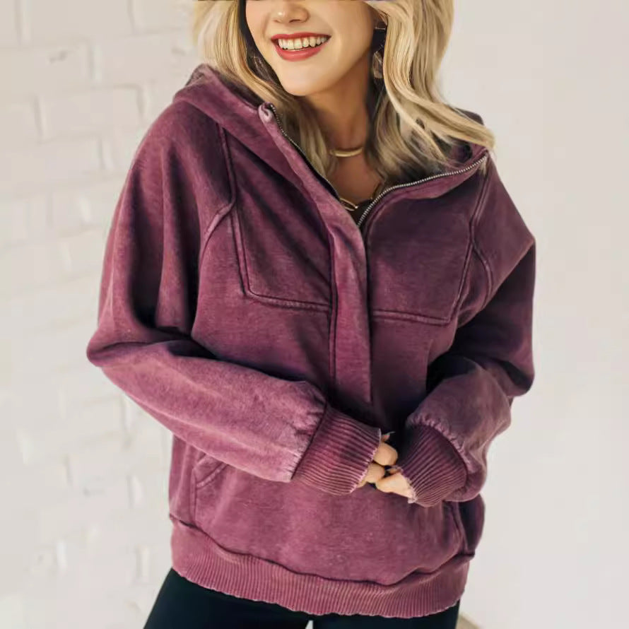 Women's Half Zipper Wash Hoodie Sweatshirt Sweater