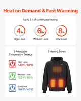 Heated Jacket Hoodie For Men Women, Heated Sweatshirt Unisex Full-Zip With 7.4V 16000mAh Power Bank Pack, 5 Heating Zones, 3 Temp Levels, 4-8H Warmth, For Winter Outdoor Camping, Black, XL Size