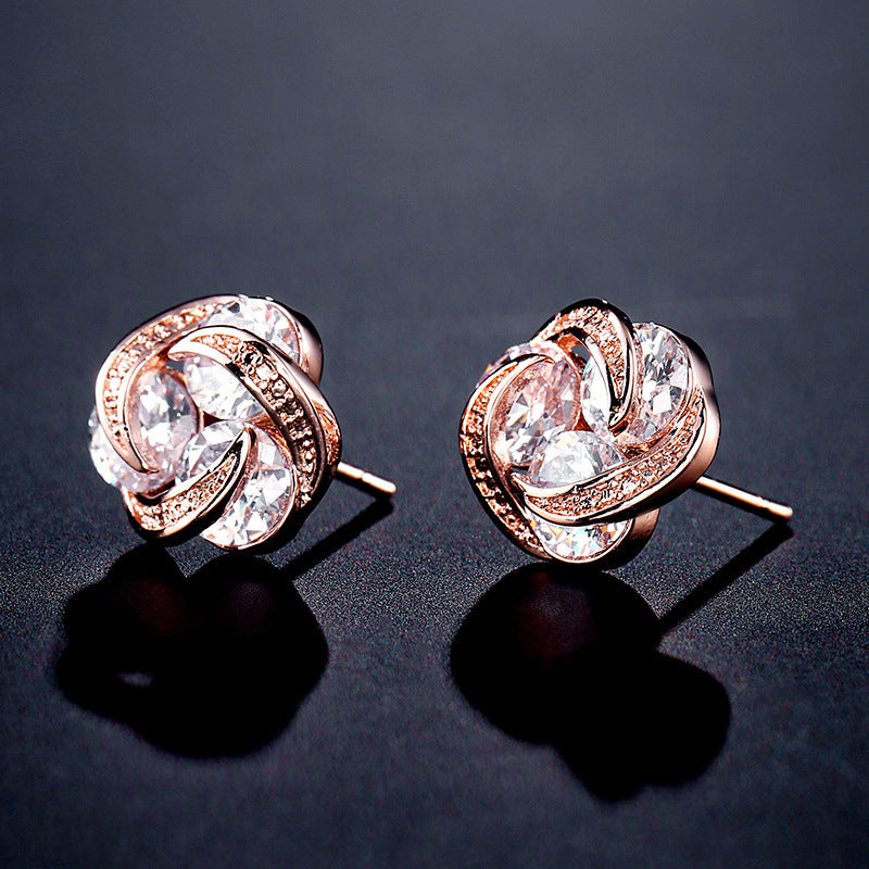 Rose Micro Zircon Inlaid Ear Studs