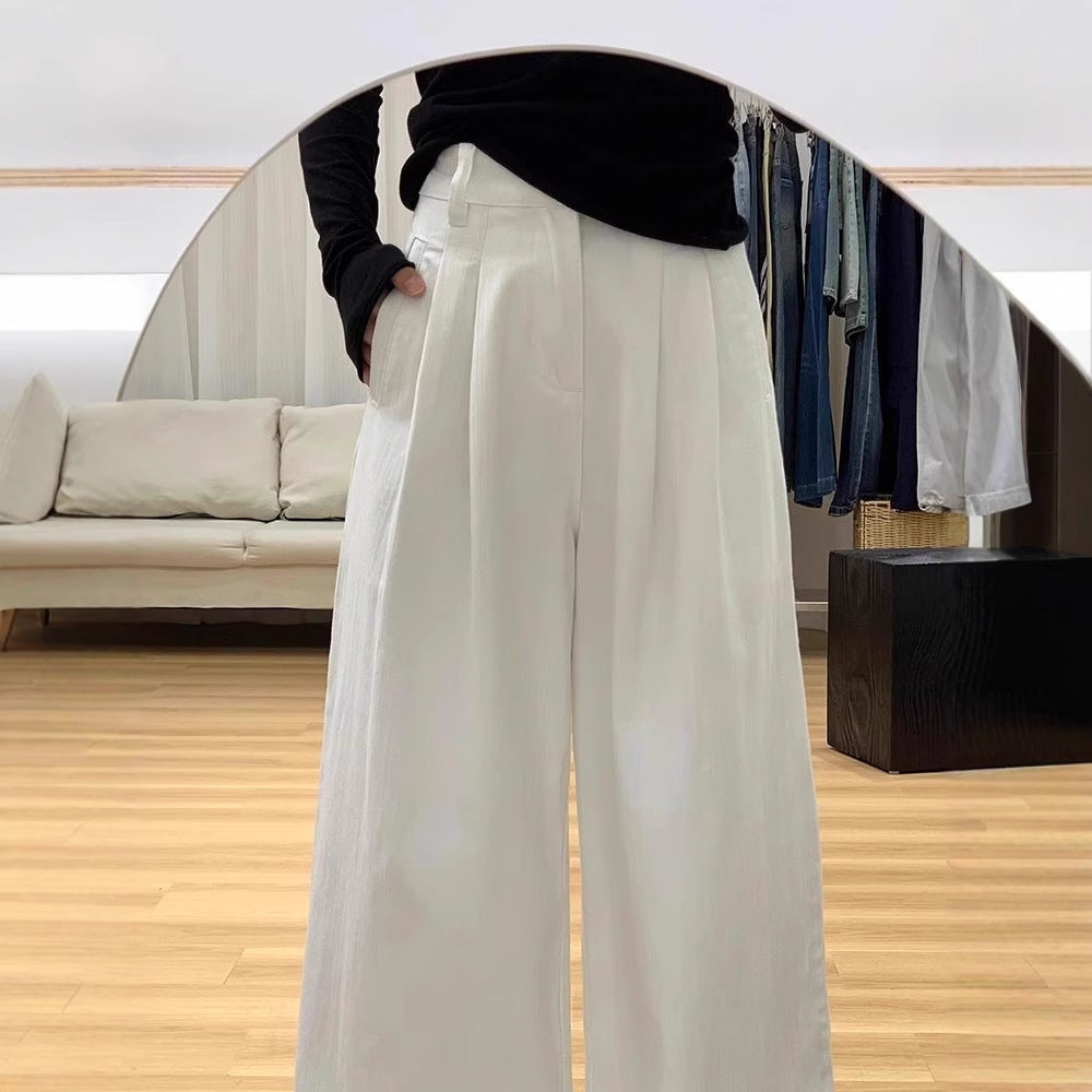 Women's High Waist Loose Casual Draping Effect Tencel White Wide Leg Pants