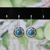 Ethnic Style Design Miao Silver Retro Turquoise Flower Disk Earrings