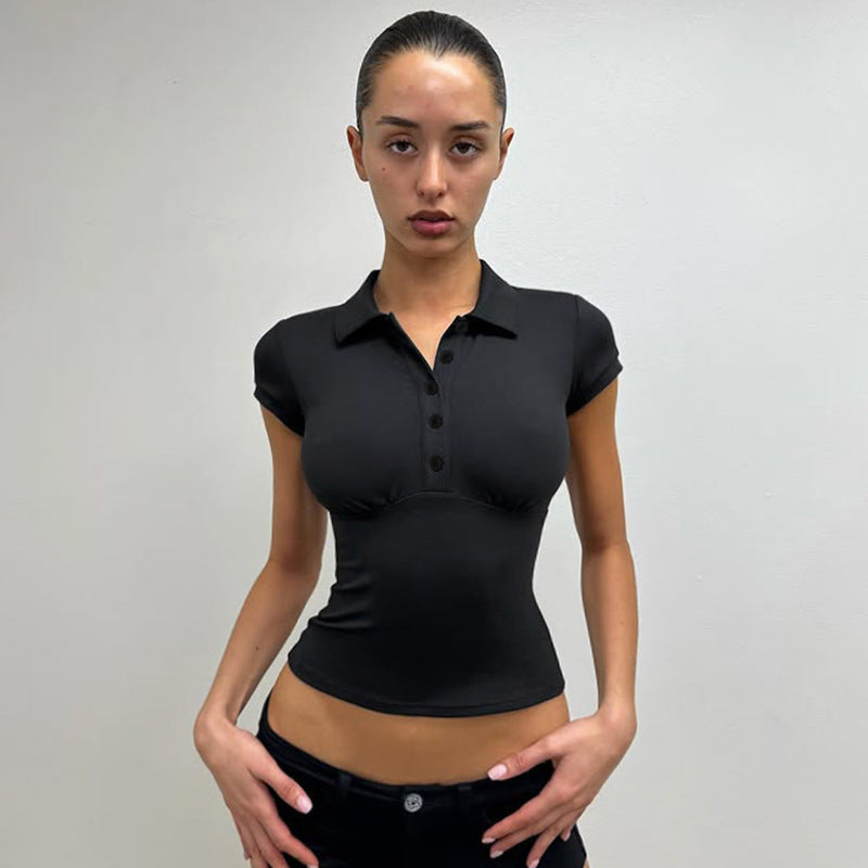 Solid Color Simple Single Row Button Slim Pullover Short Sleeve