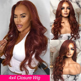4x4 Lace Closure Human Hair Wig, Reddish Brown Body Wave Wig, 150 Density