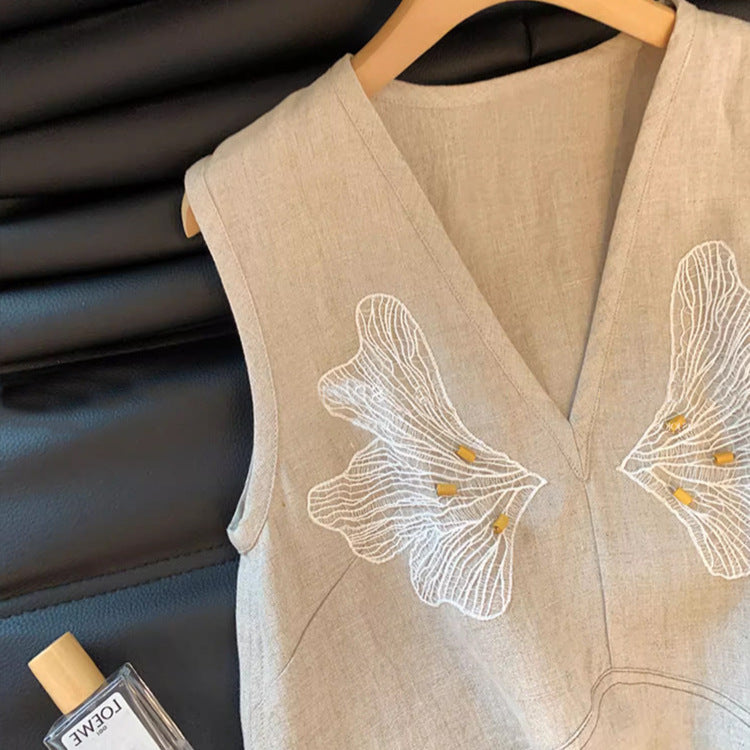Laqian Style Embroidered V-neck Linen Vest Women's Summer High-end Versatile Loose Slimming Sleeveless Top