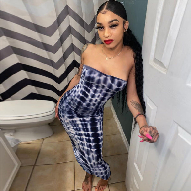 Women's Color Tie-dyed Off-shoulder Tube Coat And Dress