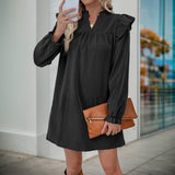 Pure Color Ruffles Long Sleeve Loose Lapel Dress Women