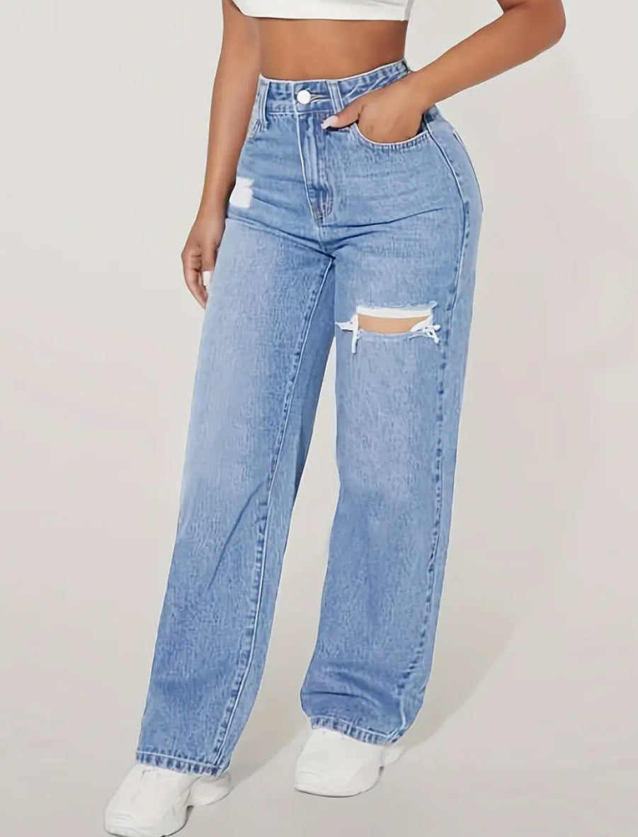 European And American Ladies Washed Hole Denim Trousers