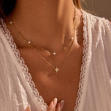 Double-layer Six-pointed Star Rhinestone Pearl Stainless Steel Necklace 18K Gold Plating Ins Design Sense