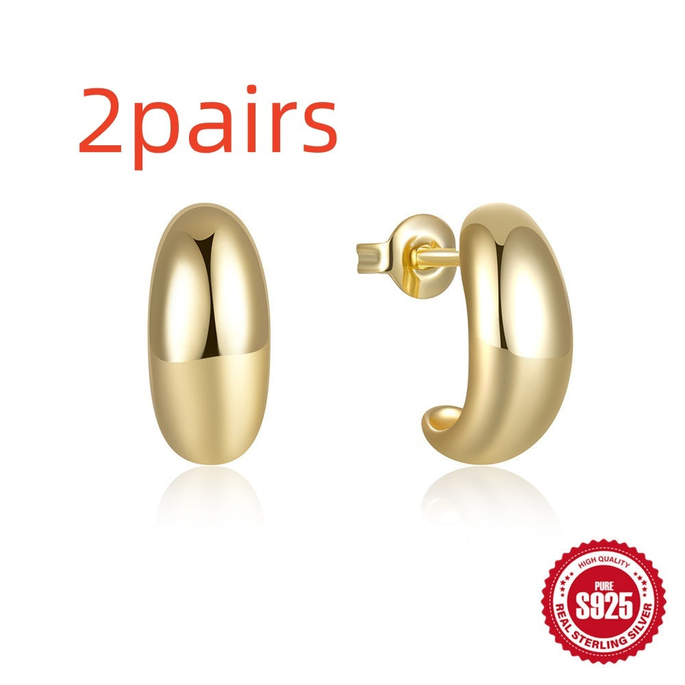 925 Sterling Silver C- Shaped Glossy Metal Earring Ringstud Earring