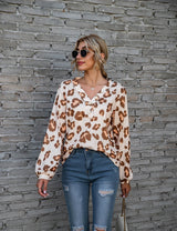 Leopard Print V-neck T-shirt Fashion Loose Long Sleeve Tops For Women Clothing