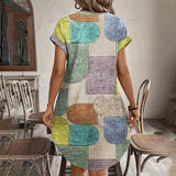 Women's Summer Geometric Print V-Neck Button Down Sundress Short Sleeve Casual Dress