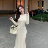 Retro Temperament Sunken Stripe Knitted Bottoming Fishtail Dress