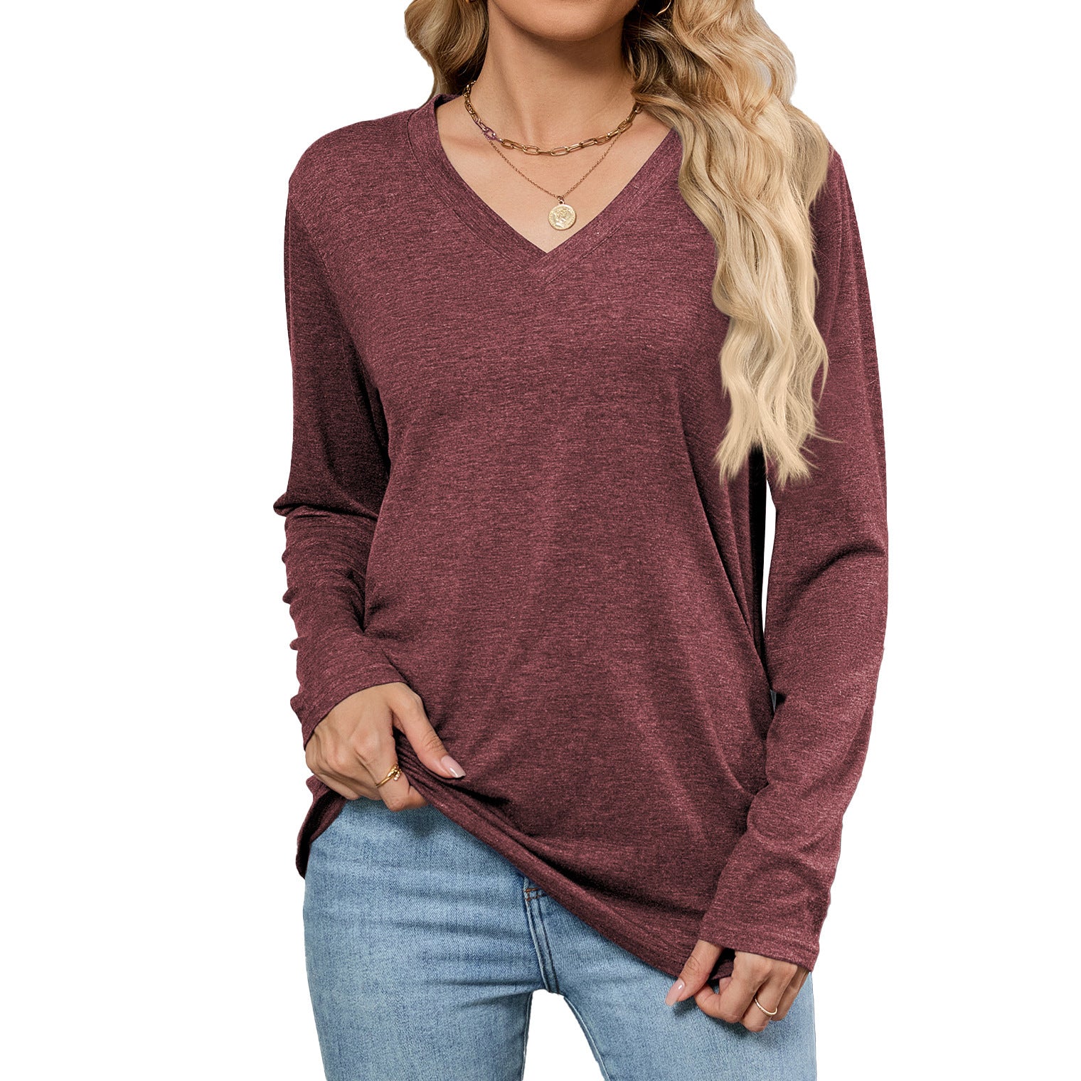 Leisure Pullover V-neck Solid Color Loose Long Sleeves
