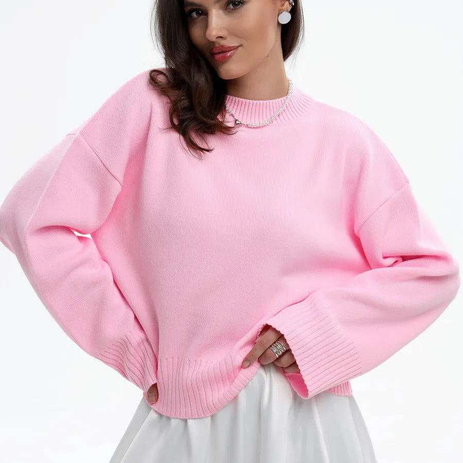 Round Neck Pullover Loose-fitting Solid Color Long Sleeves All-match Sweater