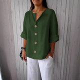 Loose-fit Women's V-neck Cotton-Linen Button T-shirt Top