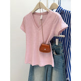 American-style Solid Color Slim-fit V-neck Short-sleeved Top