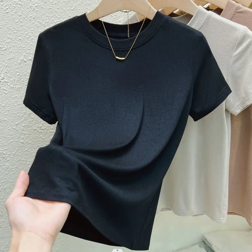 Summer New Short Sleeve Women's Round Neck Classic Pure Color All-matching Slim Fit
