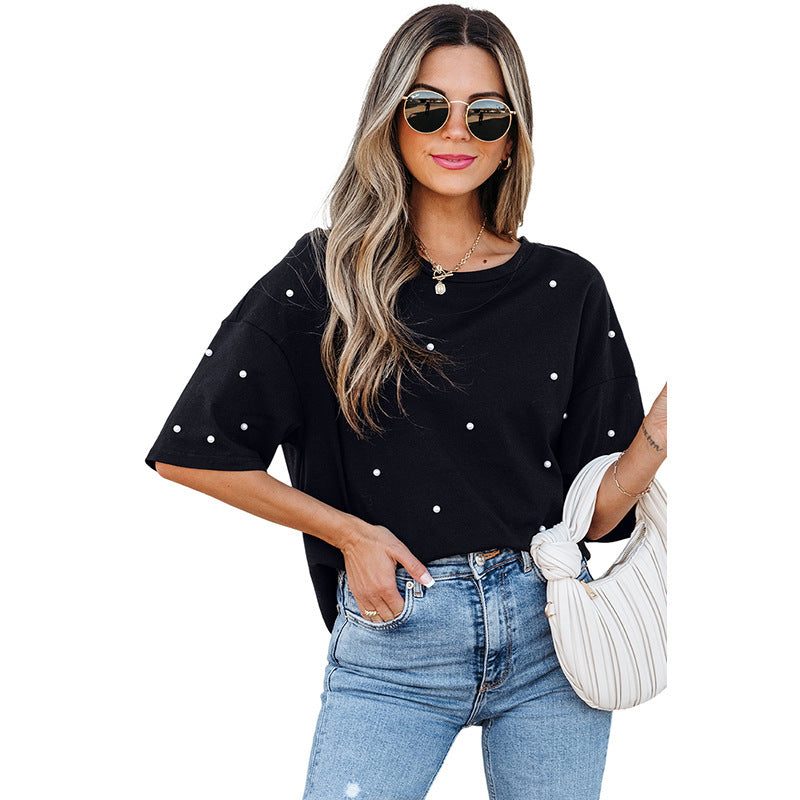 European And American Fashion & Trend Beaded Round Neck Short Sleeve