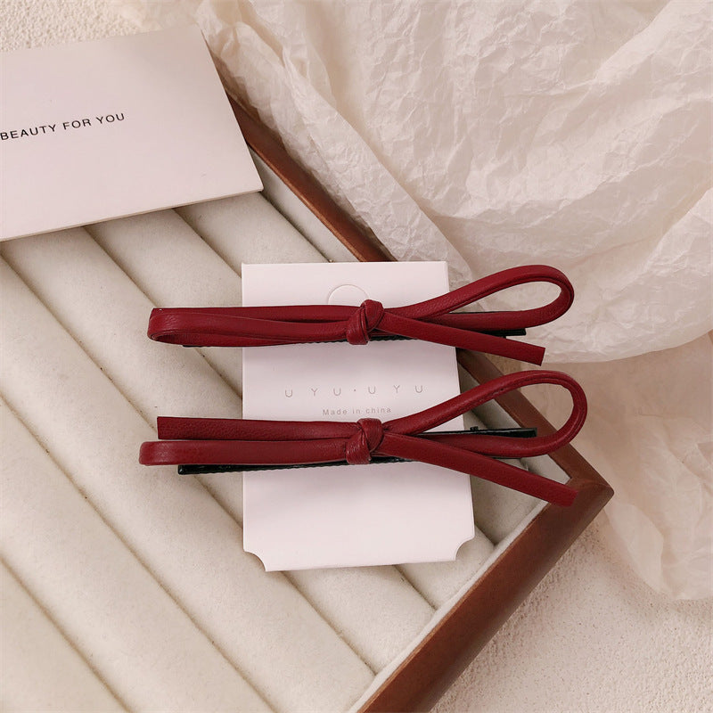 Wine Red Leather Bow Barrettes Simple Advanced