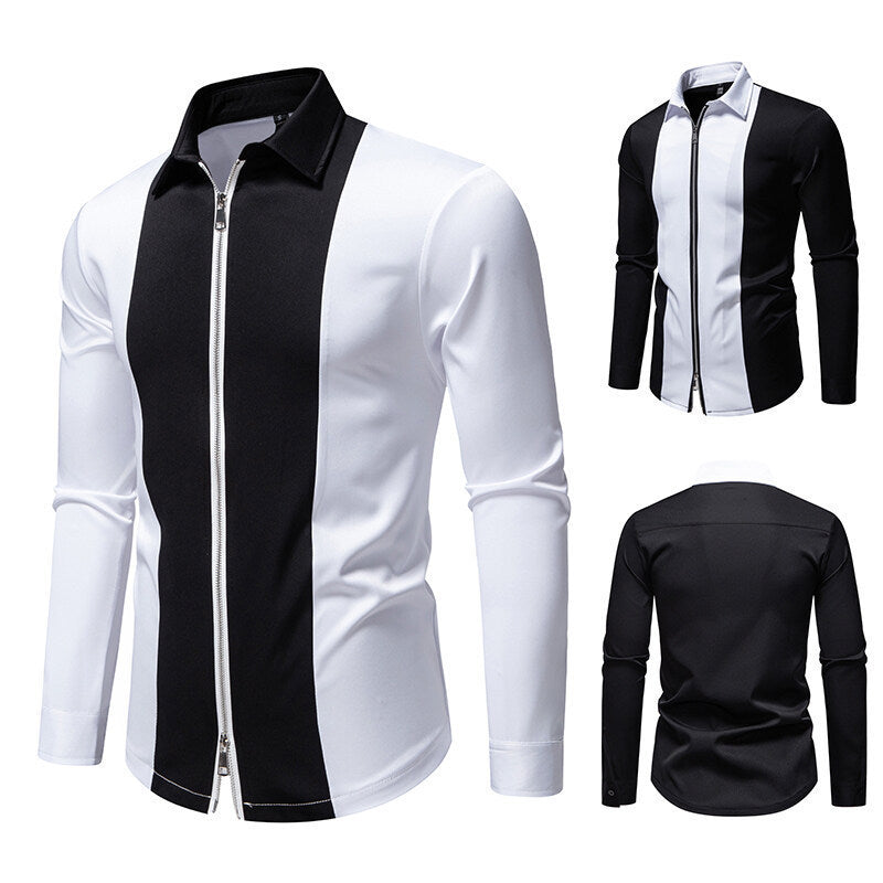 Color Block Zipper Design Plus Size Long Sleeve Shirt