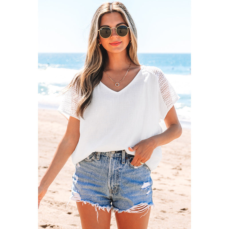 European And American Fashion Thin Crochet Three-quarter Sleeve Top