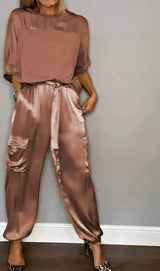 Fashion Women's Smooth Satin Half Sleeve Top Blouse And Pants Two-piece Set