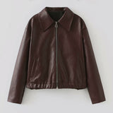 Solid Color Square Collar Leather Jacket Coat