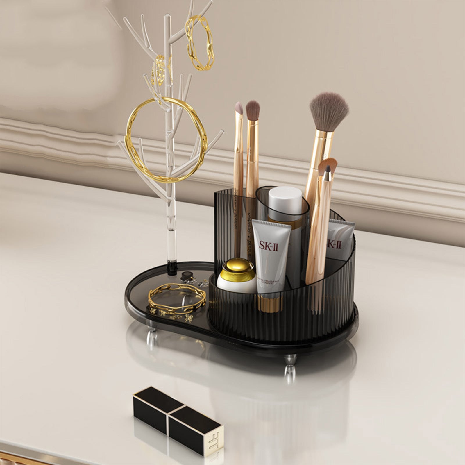 Rotating Makeup Organizer With Jewelry Storage  Large Capacity Cosmetic Display Case Holds 20 Brushes, 10 Lipsticks, 8 Skincare Products 360 Spinning Vanity Organizer For Countertop & Bathroom