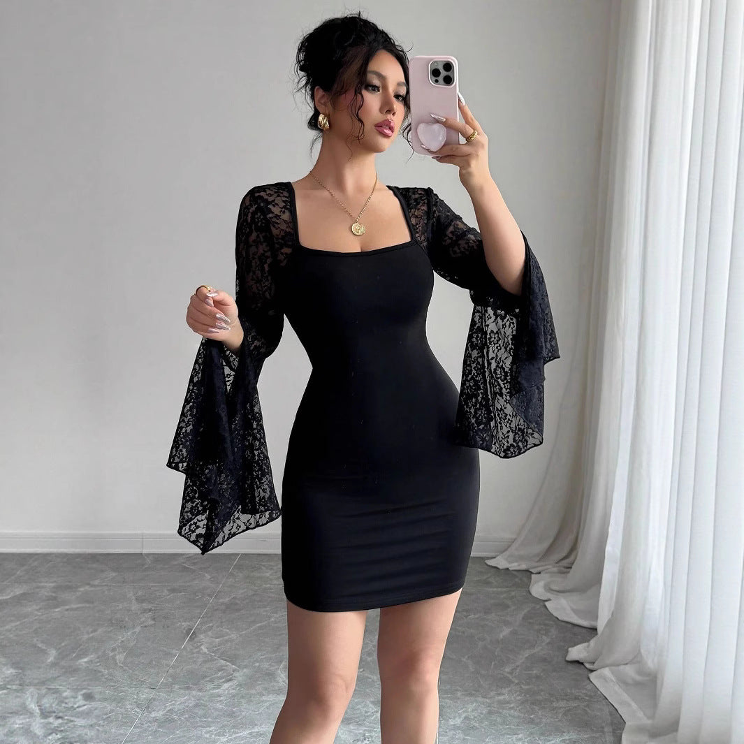 Bell Sleeve Split Solid Color Lace Stitching Square Collar Hip Dress