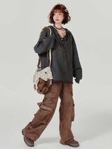 Retro Hooded Sweater Women's Rivet Lace-up V-neck Loose Top