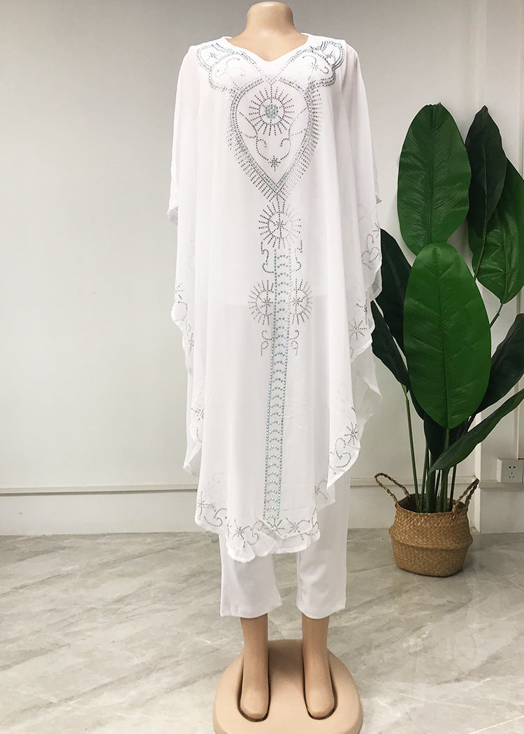 African Women's Hot Drilling Large Size Chiffon Round Neck Blouse And Pants 3-piece Set