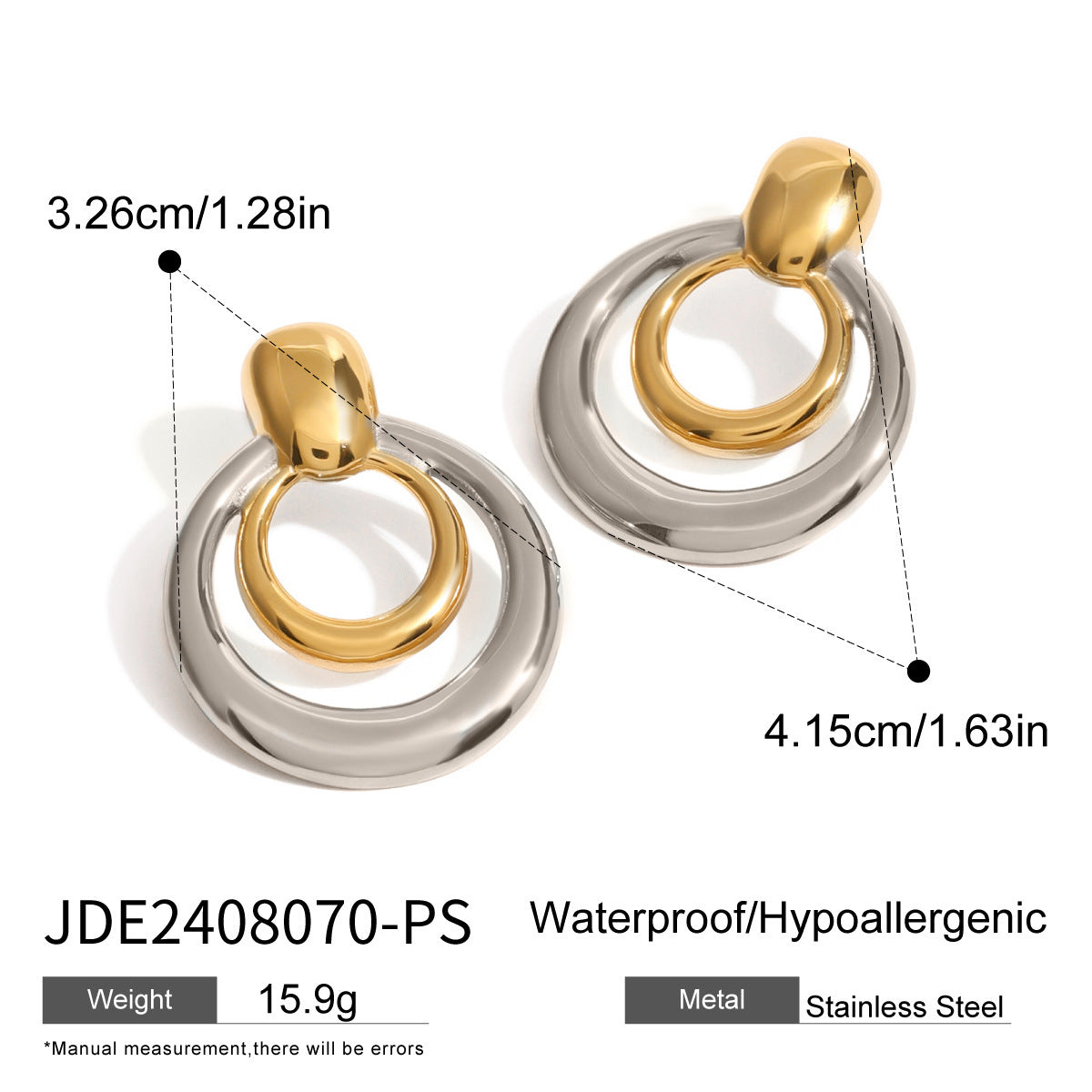 18K Gold Stainless Steel Golden, Round Double Layer Hollow Stud Earrings