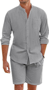 Men's Cotton Linen Comfortable Long Sleeve Shirt Shorts Suit