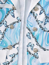 New Elegant And Fashionable Two-piece Set, Featuring A Blue Butterfly Marble Gradient Print Lapel Double Breasted Long Sleeved Suit Jacket And Solid Color High Waisted Slim Pants, To Be Your Own