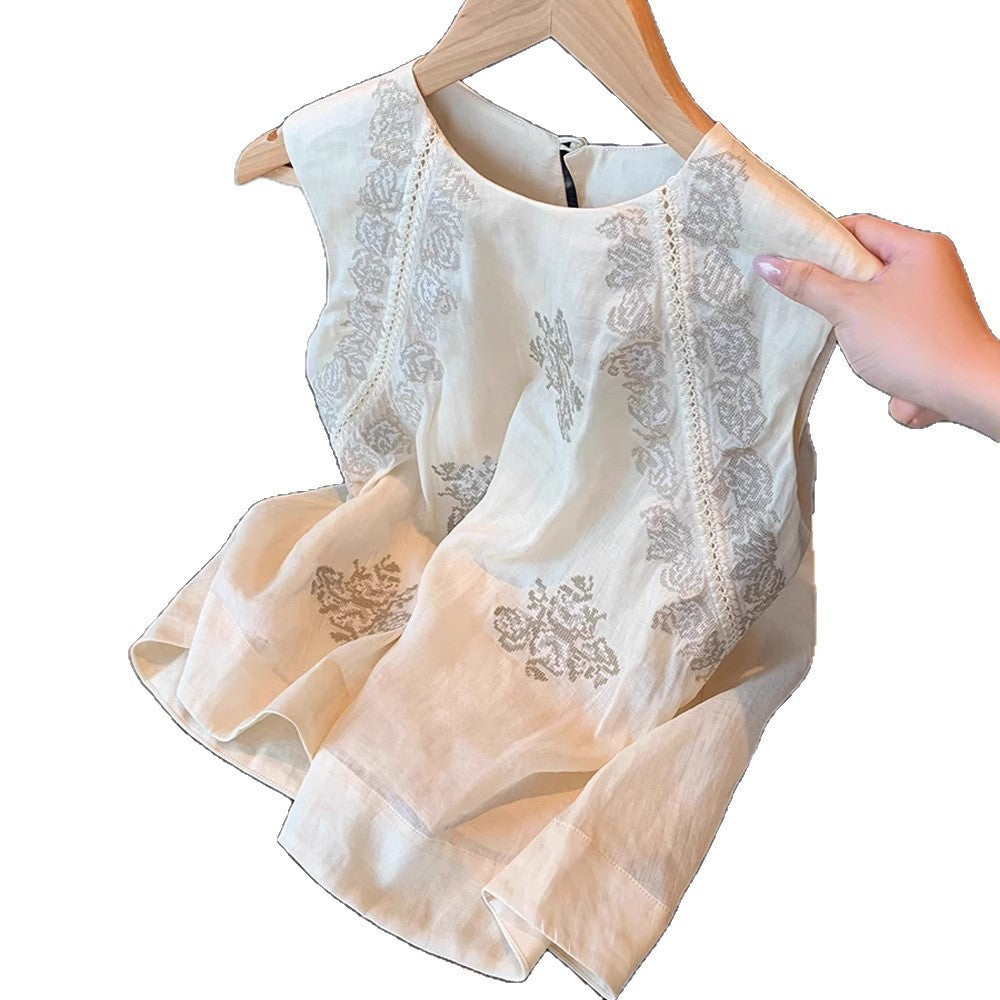 Women's Retro Embroidered Linen Sleeveless Round Neck Vest