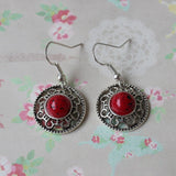 Ethnic Style Design Miao Silver Retro Turquoise Flower Disk Earrings
