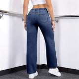 Oversized Jeans Drawstring Elastic Waistband Plain Washed Blue Casual