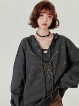 Retro Hooded Sweater Women's Rivet Lace-up V-neck Loose Top