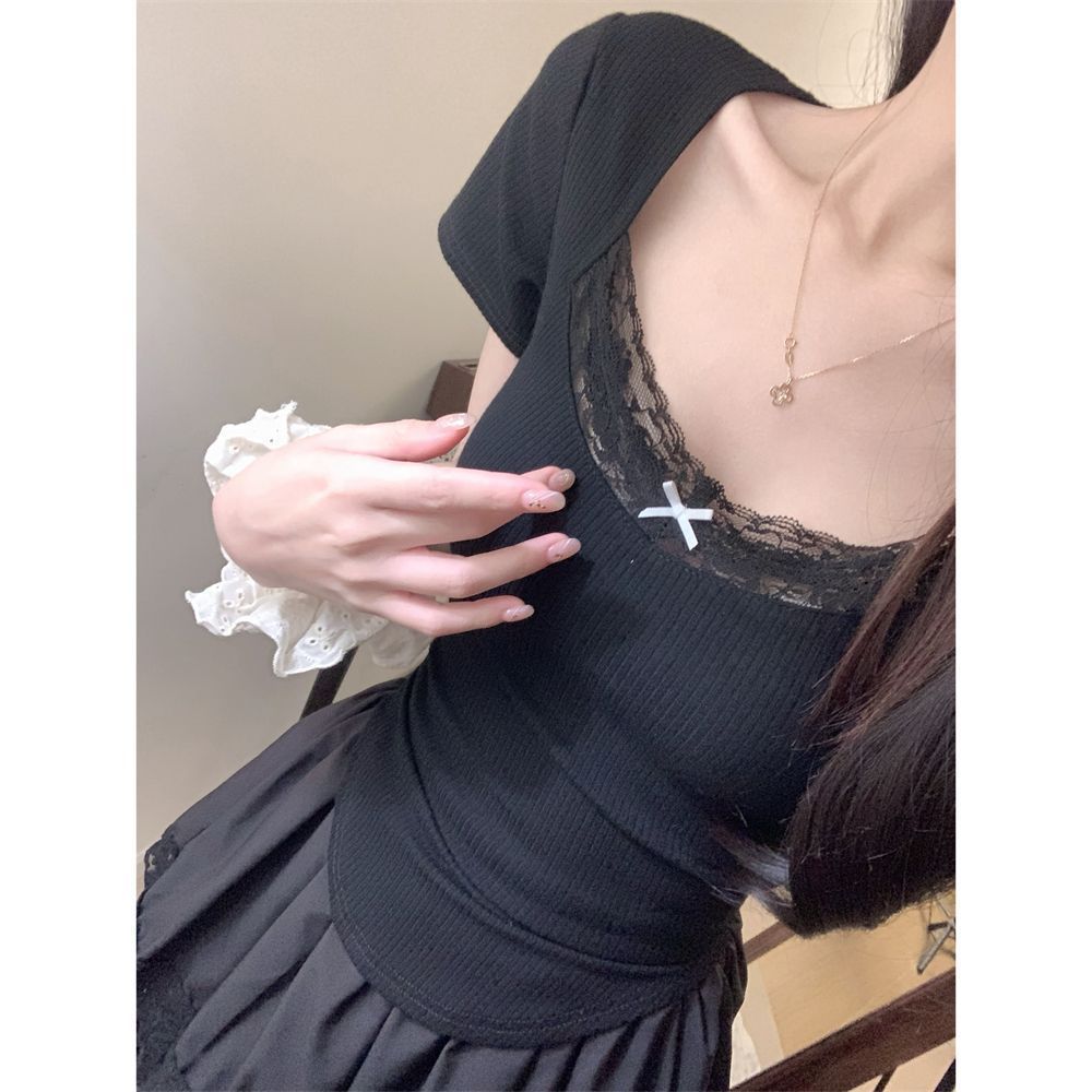 Square Collar Lace Slim Fit Patchwork Niche Bow Short Sleeve