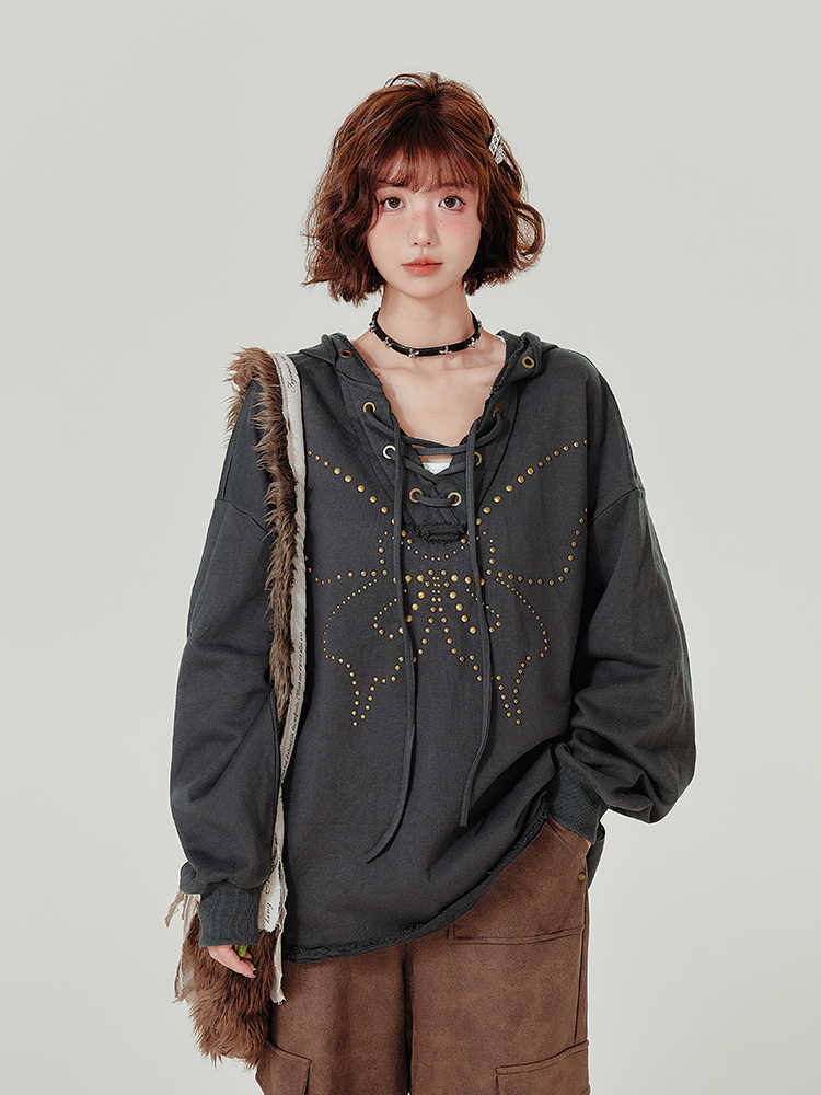 Retro Hooded Sweater Women's Rivet Lace-up V-neck Loose Top