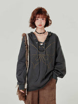 Retro Hooded Sweater Women's Rivet Lace-up V-neck Loose Top
