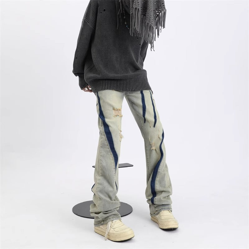 Contrast Color Spray Printing Ripped Jeans Men Loose Straight Trousers