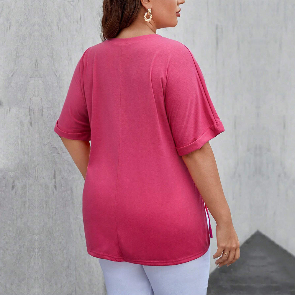 Women's V-neck Loose Casual Slit Solid Color Short Sleeve T-shirt Top