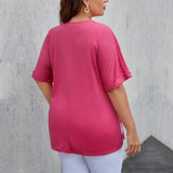 Women's V-neck Loose Casual Slit Solid Color Short Sleeve T-shirt Top