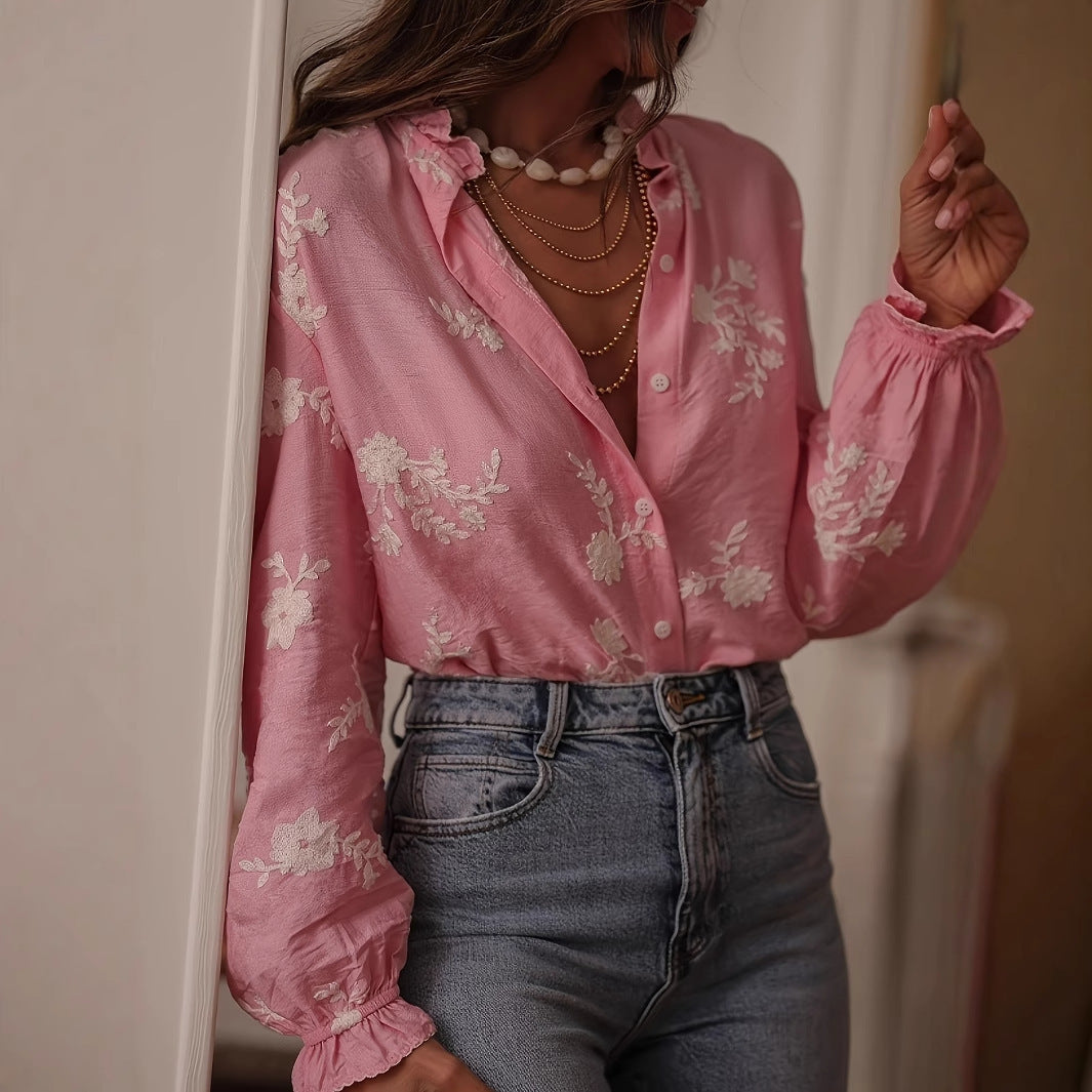 Long Sleeve Printed Top Lapel Lantern Sleeve Shirt