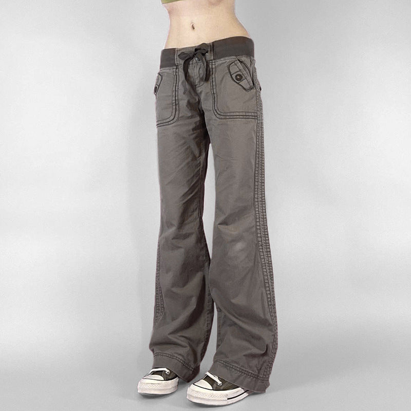 Pocket Contrast Color Thread Waist Head Made Old Low Waist Straight Jeans