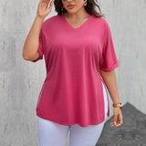 Women's V-neck Loose Casual Slit Solid Color Short Sleeve T-shirt Top
