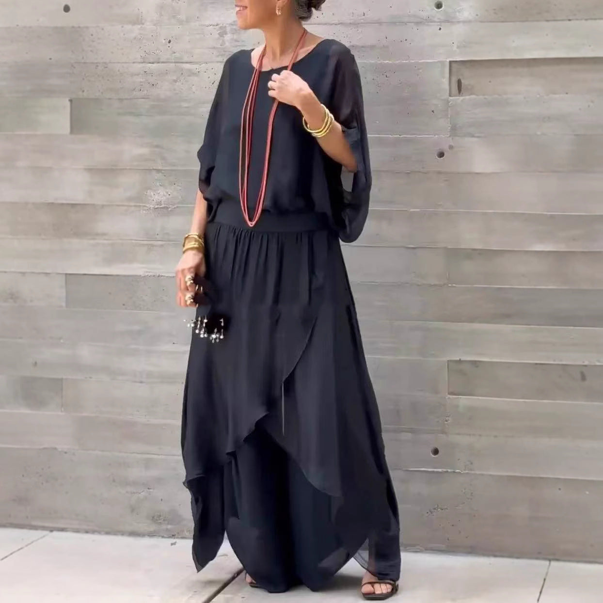 Loose Comfortable Top Split Wide Leg Pants Chiffon Casual Suit