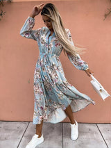V-neck Long Sleeve Printed Waist-controlled Large Swing Dress