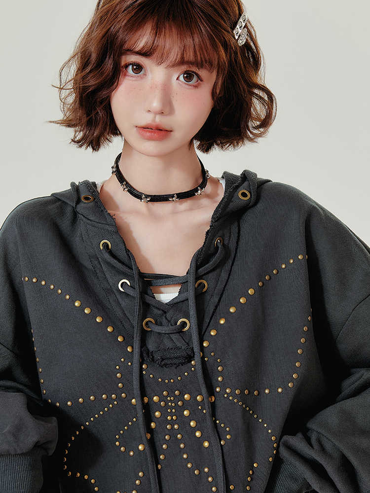 Retro Hooded Sweater Women's Rivet Lace-up V-neck Loose Top